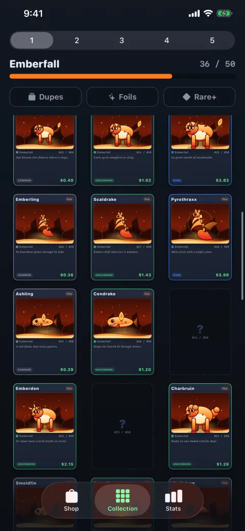 The collection grid filling in, unowned cards still locked
