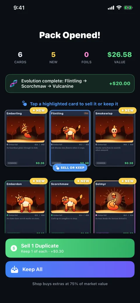 The pack summary paying out evolution bonuses, with the duplicate ready to sell