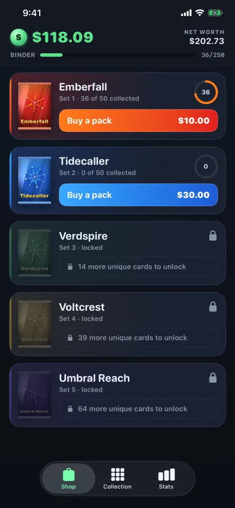 The shop: cash, binder progress, and five sets of packs with the later ones still locked